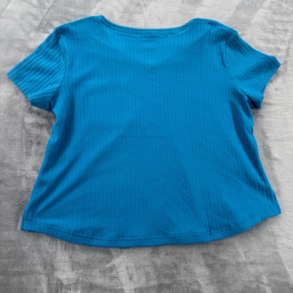 Muk Luks Womens Teal Blue Ribbed V-Neck Short Sleeve Pocket T-Shirt Size M - Picture 5 of 7